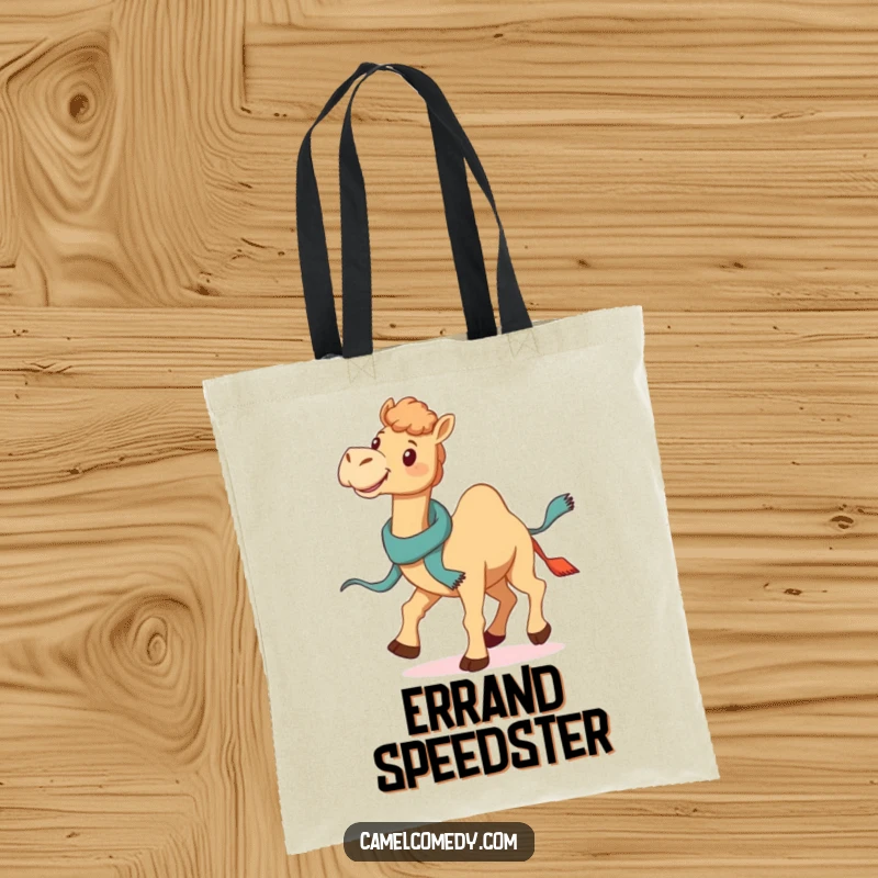 Funny Galloping Camel Tote Bag: a smiling camel gallops with a jaunty scarf trailing, a funny and stylish companion for your day.