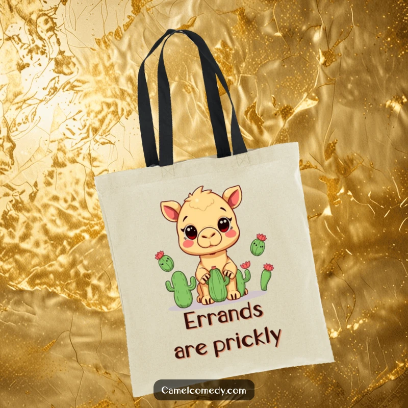 Funny tote bag with a kawaii camel juggling cacti, wide-eyed and showcasing desert-themed humor.