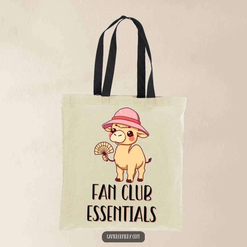 Funny tote bag with a kawaii camel in a bucket hat, holding a fan and looking warm, perfect for summer humor.