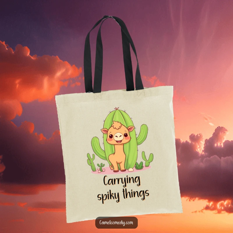 Funny camel cactus tote bag with a curious camel peeking around a smiling cactus, illustrating a humorous desert encounter.