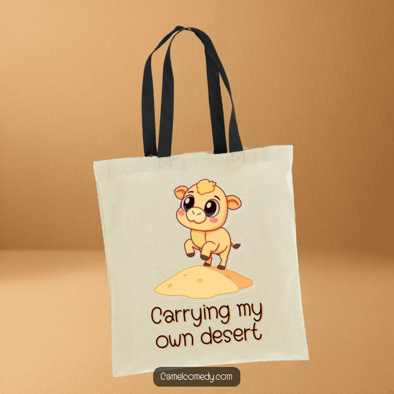 Funny camel with large eyes kicking a miniature sand dune, printed on a durable and humorous tote bag.