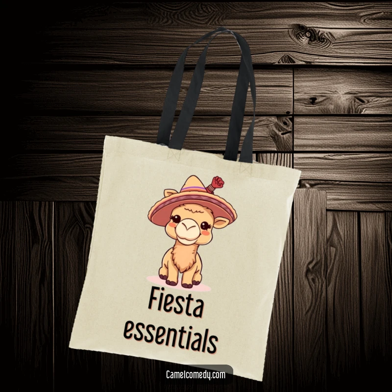 Funny tote bag featuring a giggling camel wearing a tiny sombrero and tipping it with a cheerful, festive motion.