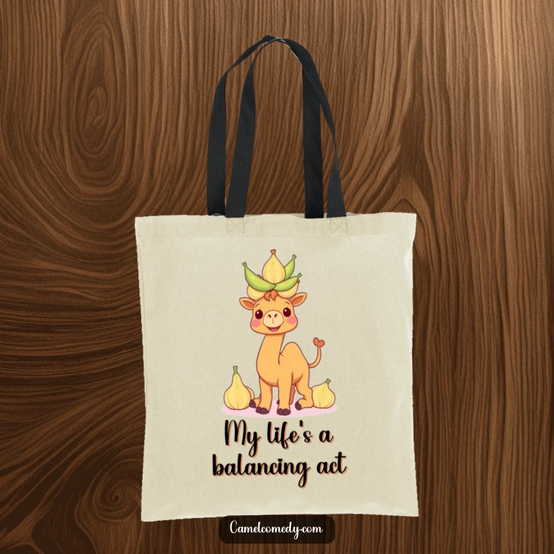 Funny camel tote bag depicting a smiling camel balancing a tower of water gourds, showcasing practical humor and desert themes.