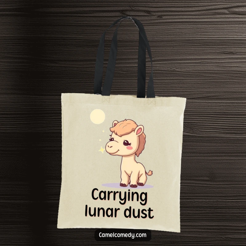 Funny tote bag depicting a curious camel sniffing a faint, sparkling moonbeam, a stylish and humorous accessory for everyday use.
