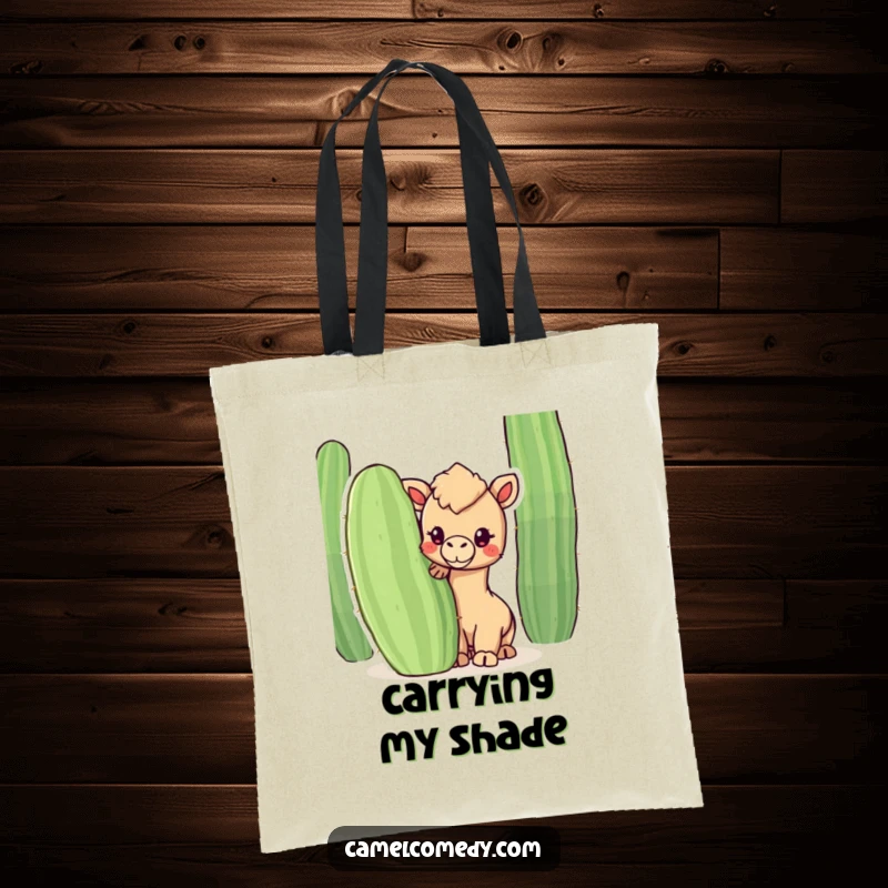 Funny tote bag showcasing a kawaii camel peeking from behind a cactus, perfect for carrying items with desert-themed humor.