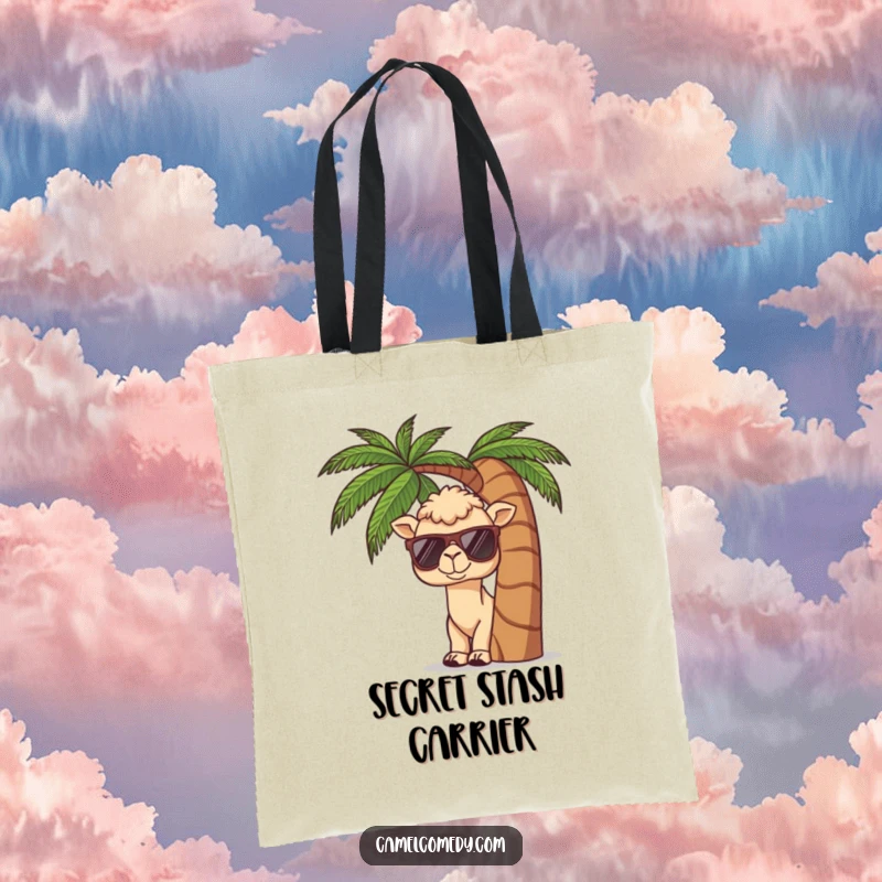 Funny tote bag with a kawaii camel wearing sunglasses, peeking from behind a palm tree, perfect for tropical humor.