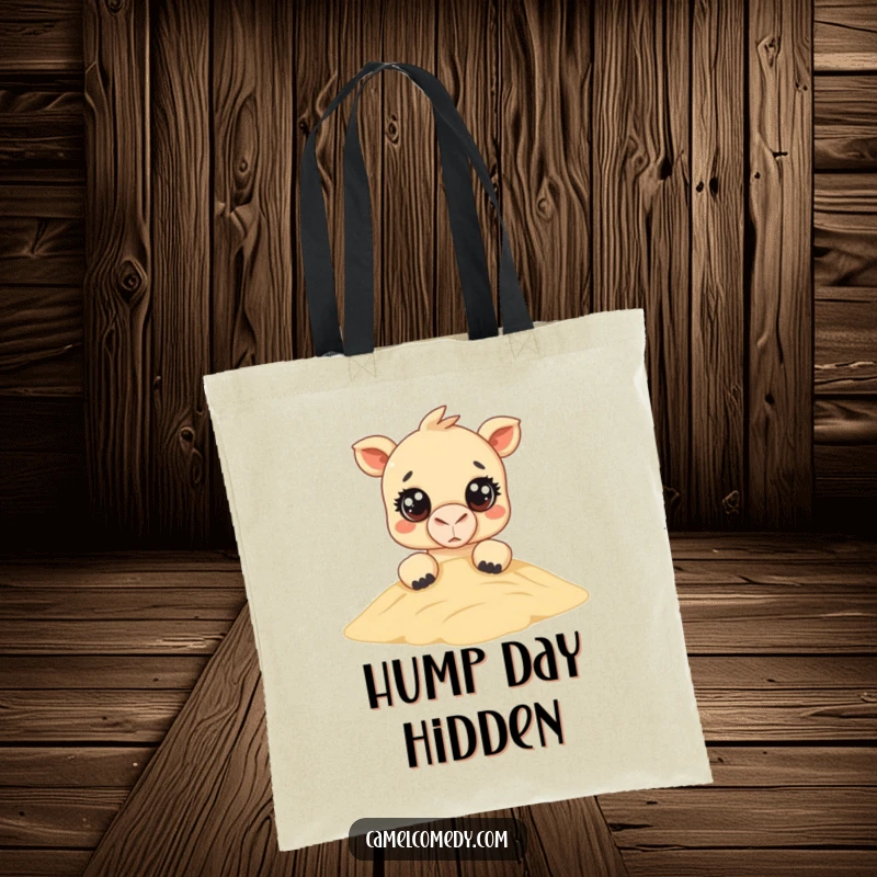 Funny Kawaii Camel Tote Bag: an adorable camel with big, innocent eyes peeks over a sand dune, adding a funny and cute touch.