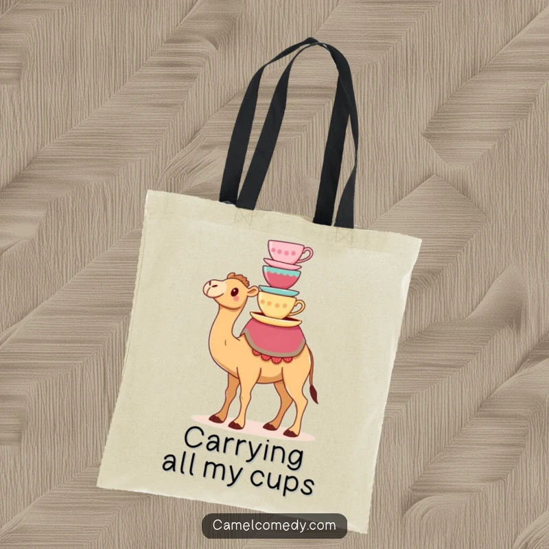 Funny tote bag showcasing a kawaii camel expertly balancing a stack of colorful teacups on its hump, practical and amusing.
