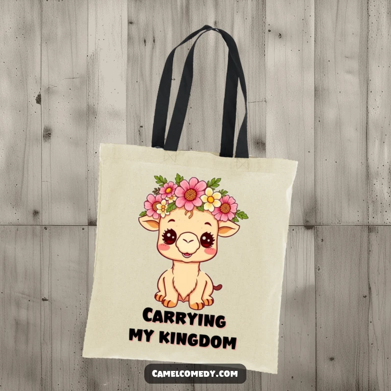 Funny kawaii camel with a desert flower crown, beaming with joy on a durable tote bag, a humorous and practical gift.