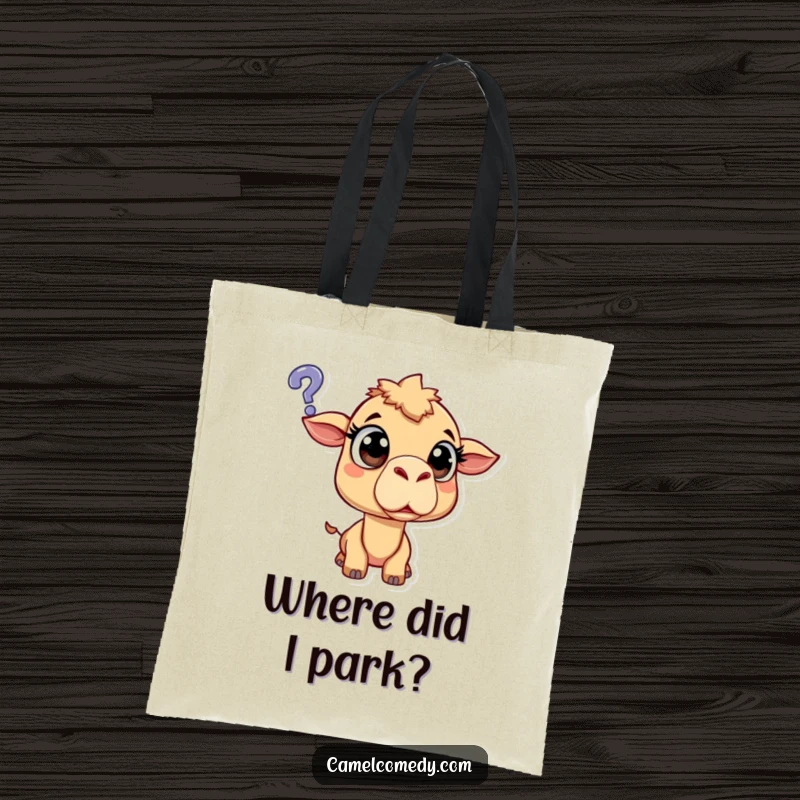 Funny surprised camel with wide eyes, looking bewilderedly at a floating question mark, humorous and practical tote bag.