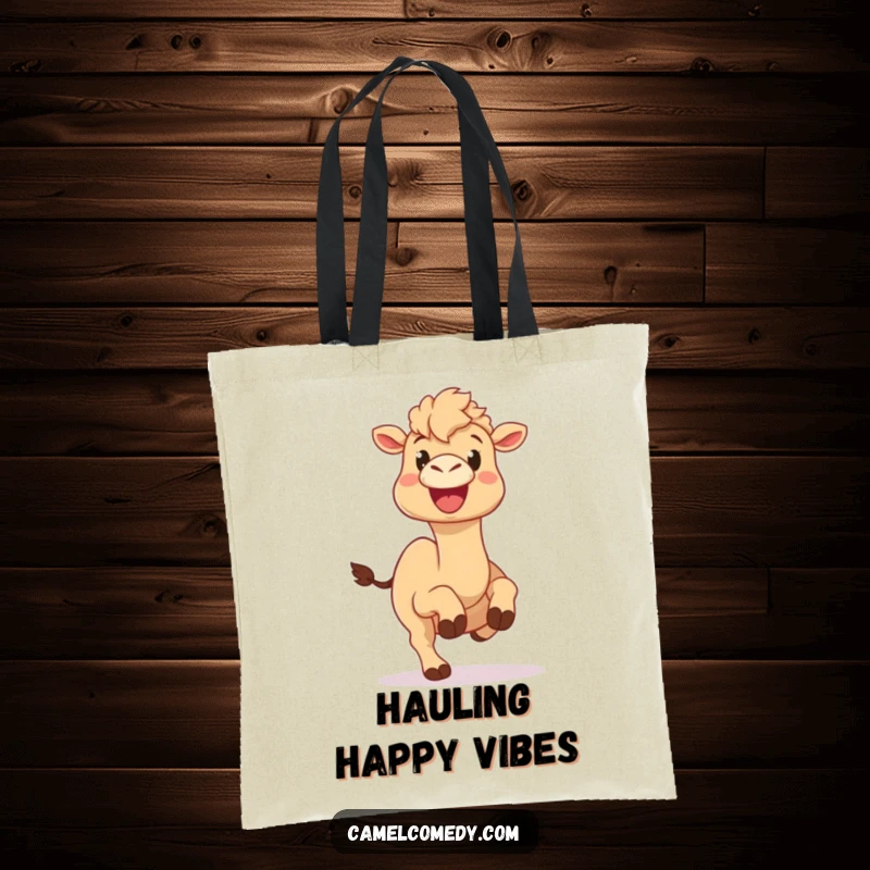 Funny camel tote bag showing a camel with a big, happy expression doing a silly hop, symbolizing carefree joy and movement.