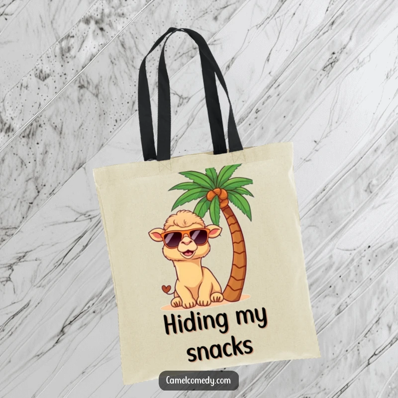 Funny kawaii camel in sunglasses, peeking from behind a palm tree, printed on a sturdy and stylish tote bag.